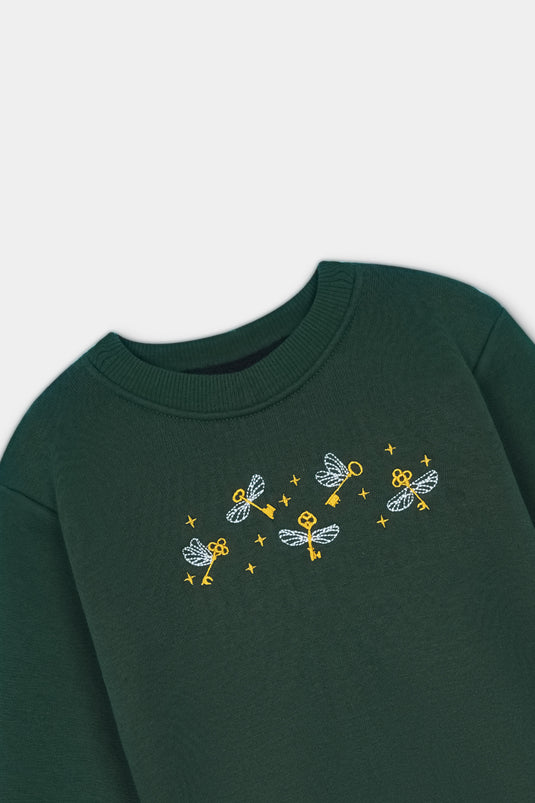 Olive Green Embroidered Sweatshirt for Girls