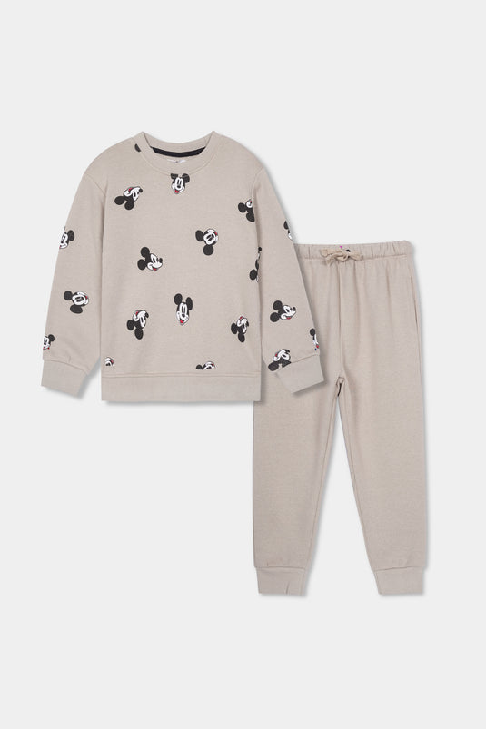 Beige Mickey Mouse Print Tracksuit for Kids