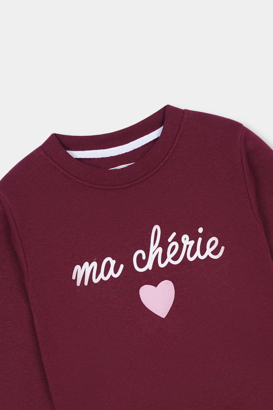 Maroon "Ma Cherie" Printed Sweatshirt for Girls