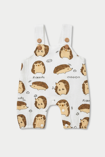 White Hedgehog Print Muslin Dungaree Set