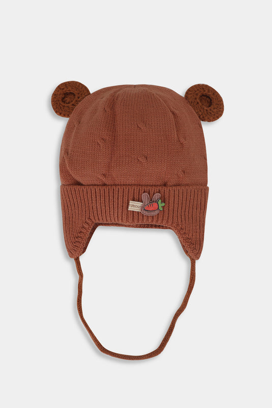 Cinnamon Brown Wool Baby Cap with String