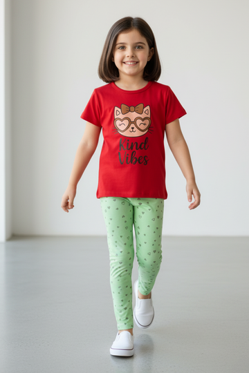 Kind Vibes Cat Tee & Jade Hearts Tights Set