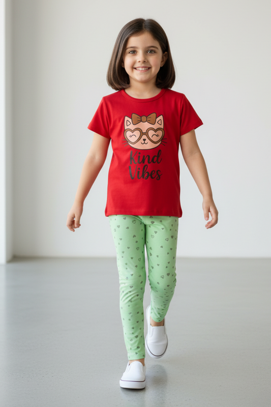 Kind Vibes Cat Tee & Jade Hearts Tights Set