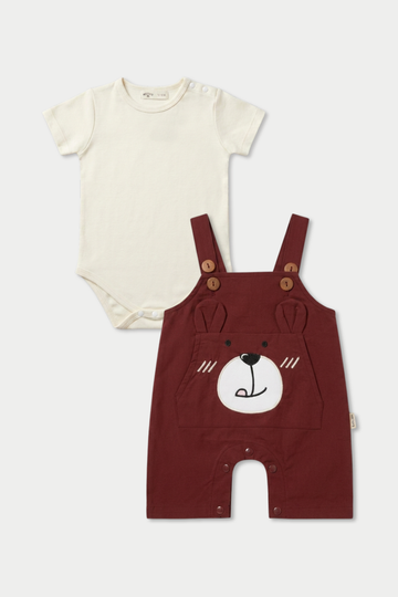 Maroon Bear Cub Cotton Dungaree Set