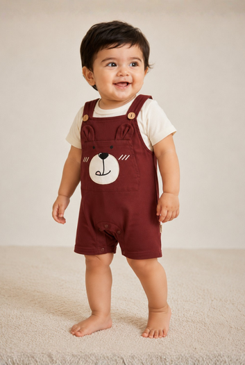 Maroon Bear Cub Cotton Dungaree Set