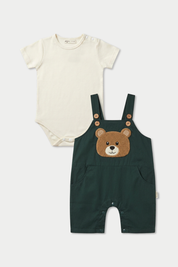 Forest Green Bear Chenille Dungaree Summer Set