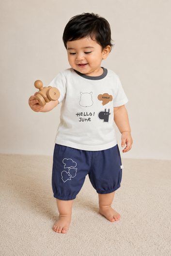 Off-White & Navy T-Shirt & Shorts Summer Set