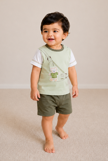 Trendy Teddy Bear T-Shirt & Shorts Set