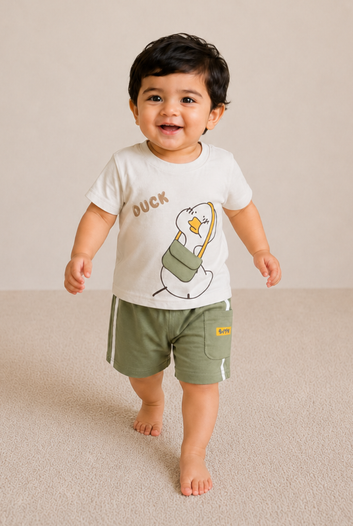 Baby Duck Printed Cotton T-Shirt & Shorts Set