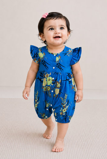 Blue Floral Printed Cotton Summer Romper
