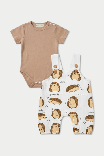 White Hedgehog Print Muslin Dungaree Set