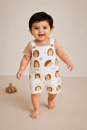 White Hedgehog Print Muslin Dungaree Set