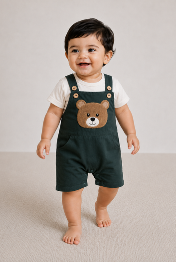 Forest Green Bear Chenille Dungaree Summer Set