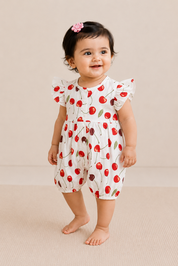 Red Cherry Printed Cotton Summer Romper