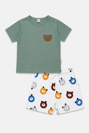 Bear Print Cotton T-Shirt & Shorts Set