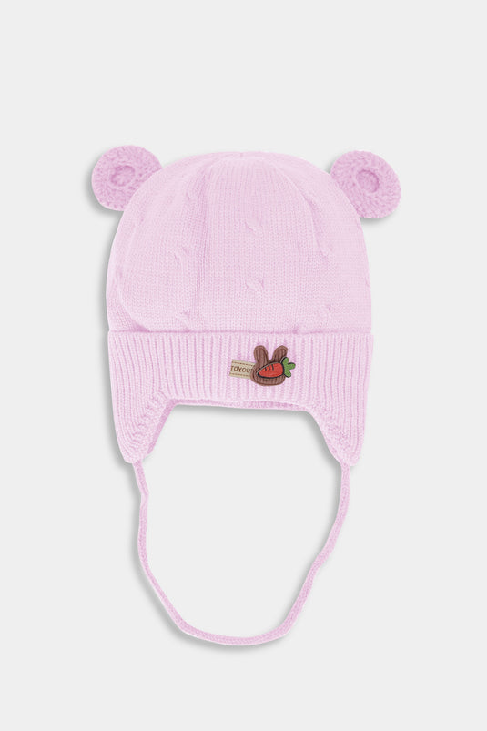 Rosy Whisper Wool Baby Cap with String