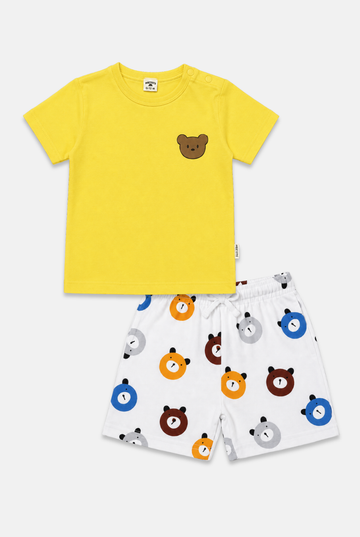 Bear Print Cotton T-Shirt & Shorts Set - Yellow