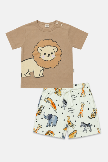 Lion Print Cotton T-Shirt & Shorts Set