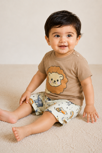 Lion Print Cotton T-Shirt & Shorts Set
