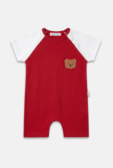 Bear Patch Cotton Raglan Romper