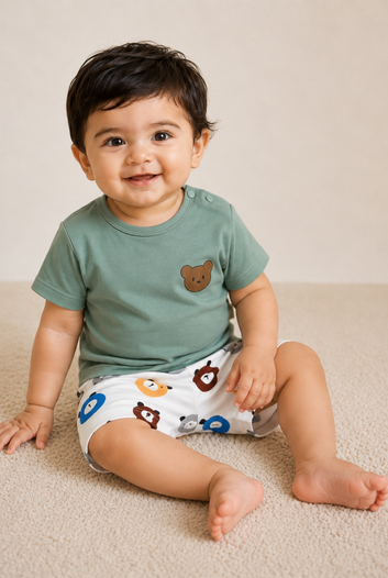 Bear Print Cotton T-Shirt & Shorts Set