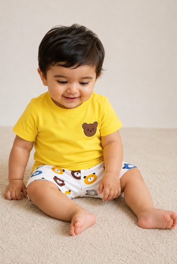 Bear Print Cotton T-Shirt & Shorts Set - Yellow