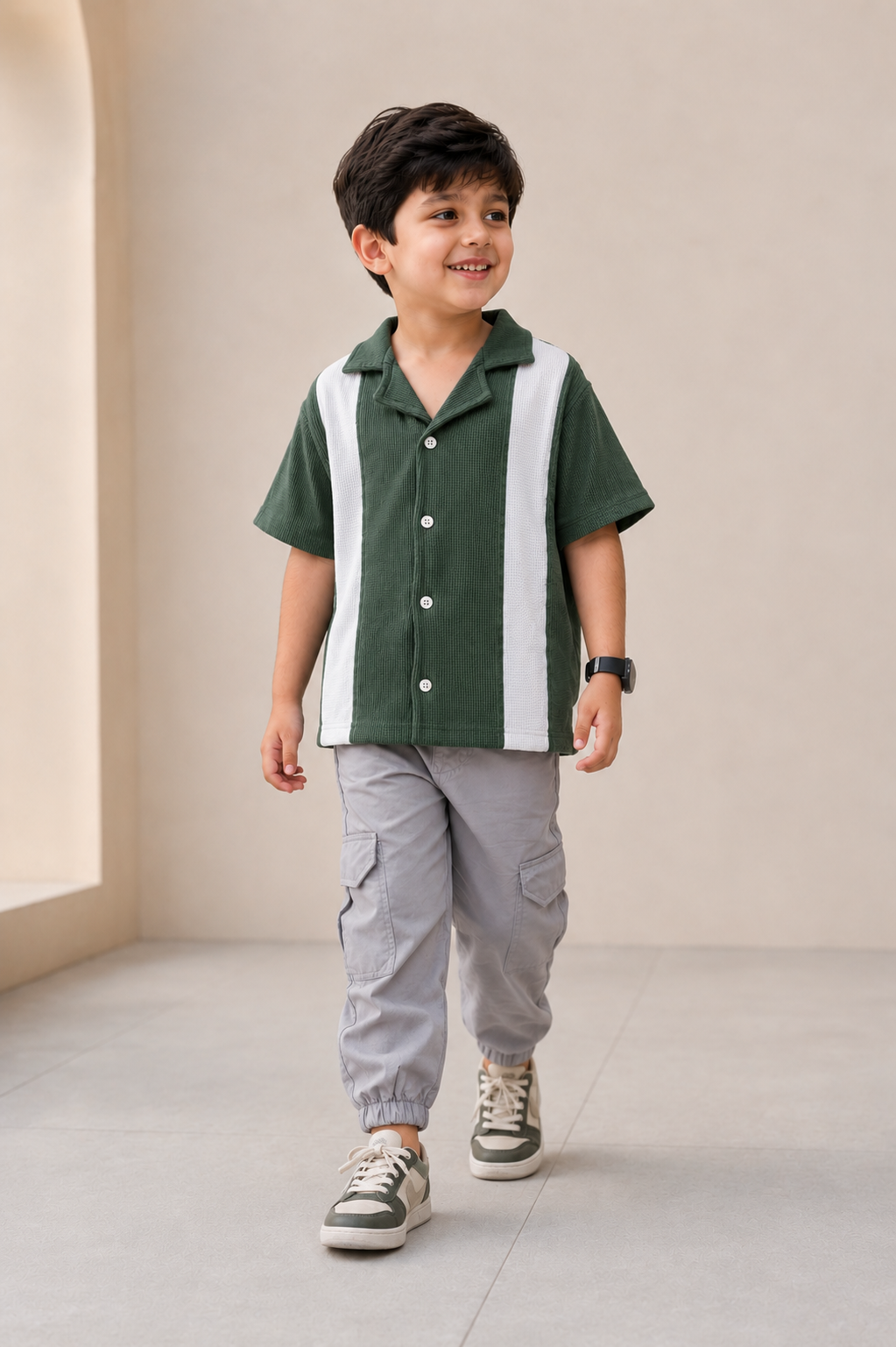 Meetots - Boys Striped Panel Shirt & Slate Cargo Trousers Set