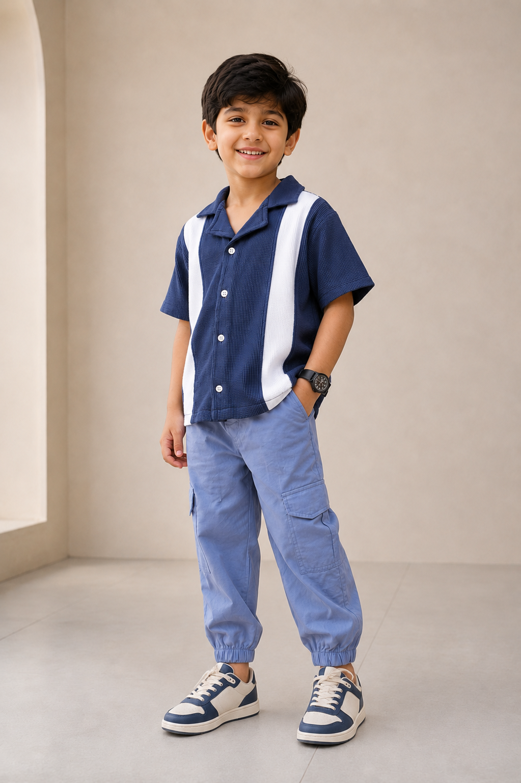Meetots - Boys Striped Panel Shirt & Light Blue Cargo Trousers Set
