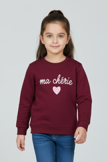 Maroon "Ma Cherie" Printed Sweatshirt for Girls