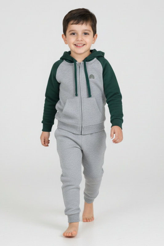 Grey & Green Dual-Tone Organic Fleece Tracksuit for Kids