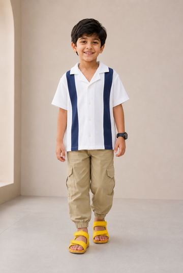 Boys Striped Panel Shirt & Khaki Cargo Trousers Set