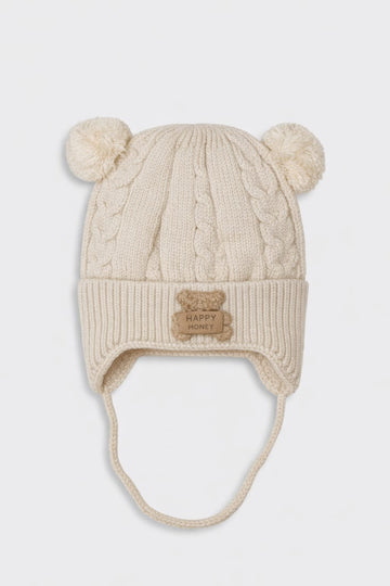 Beige Wool Baby Cap with String
